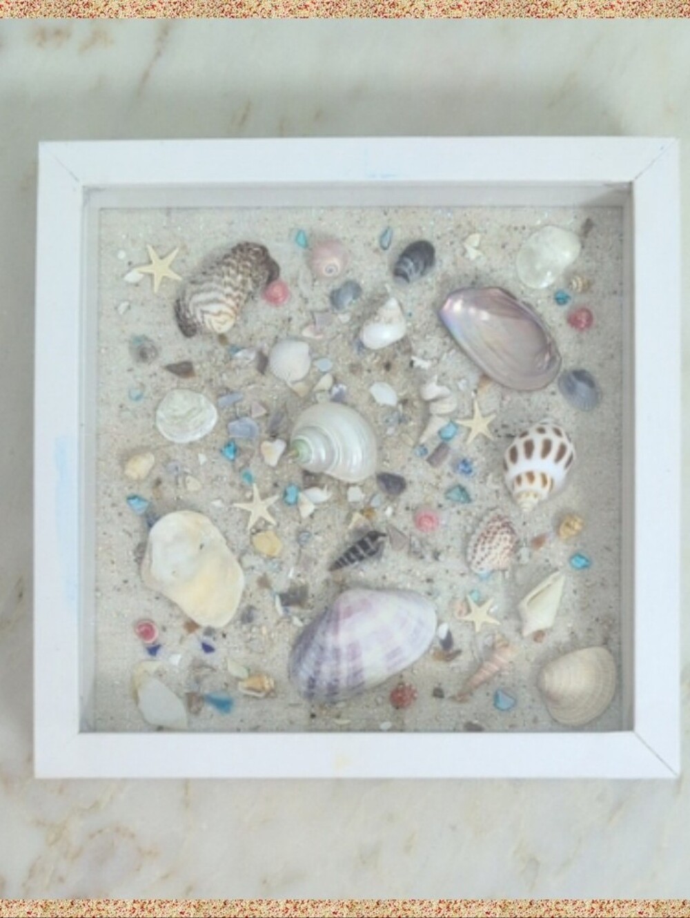 Coastal Seashell Shadow Box Wall Art - Turquoise Accents Home Decor 10in X 10in